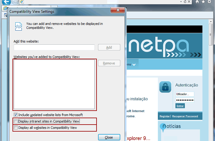 Popup de Configura&ccedil;&atilde;o do Modo de Compatibilidade